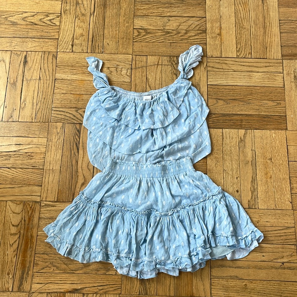 Baby blue Misa off the shoulder crop top & mini skirt